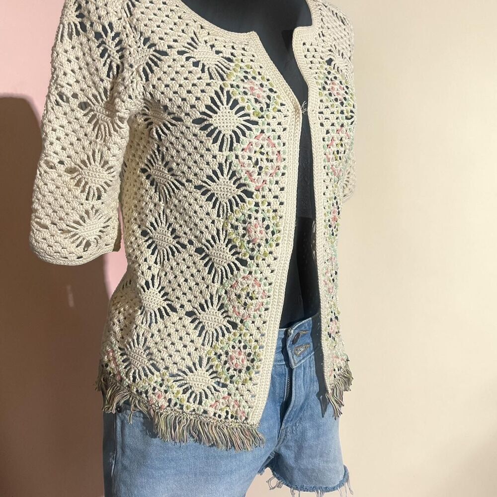 Anthropologie Edie Crochet Fringe Open Weave Cardigan